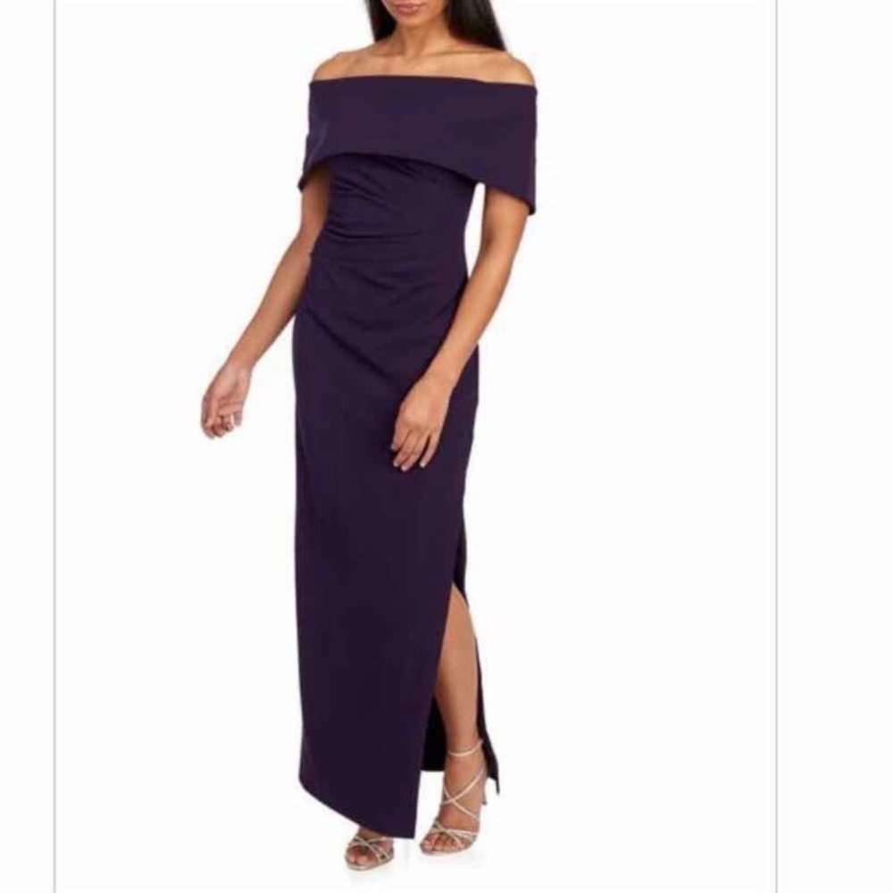 marina off the shoulder formal gown purple